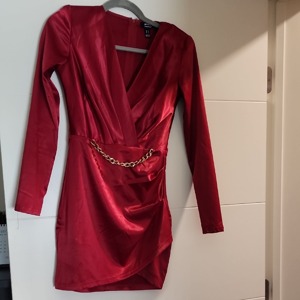 Red Satin Dress with Chain Detail